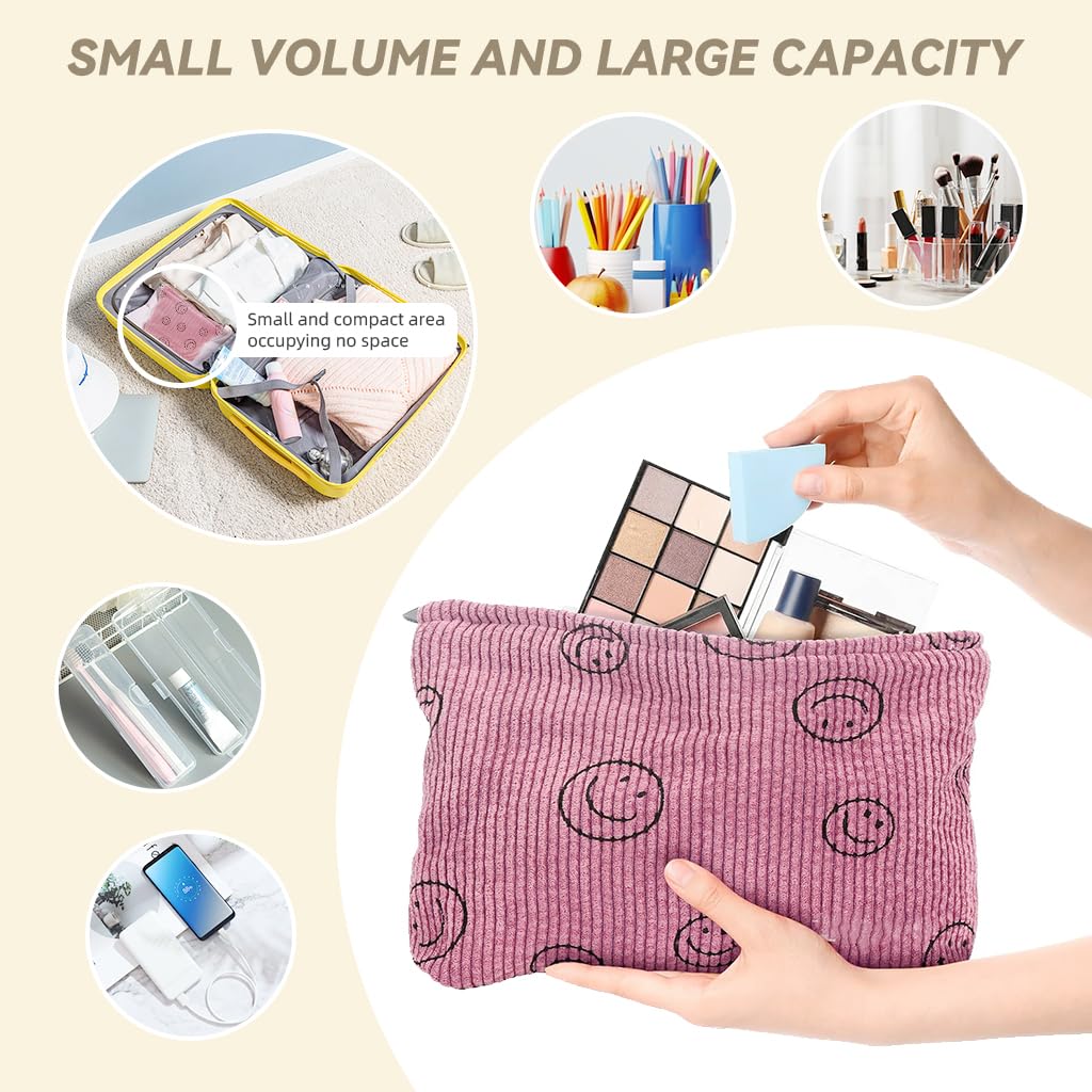 ZIBUYU Makeup Pouch Bag for Travel and Daily Use with Zipper Closure 25x20x6 cm | Corduroy Smiley Print for Women