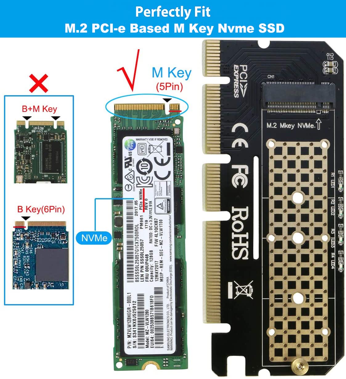 Verilux® NVME Adapter PCIe x16 with Gel Pad, M.2 NVME to PCIE 3.0 Adapter Card for Key M 2230, 2242, 2260, 2280 Size M.2 SSD, Support PCIe x4 x8 x16 Slot (Not Support AHCI SSD, Key B,Key B+M