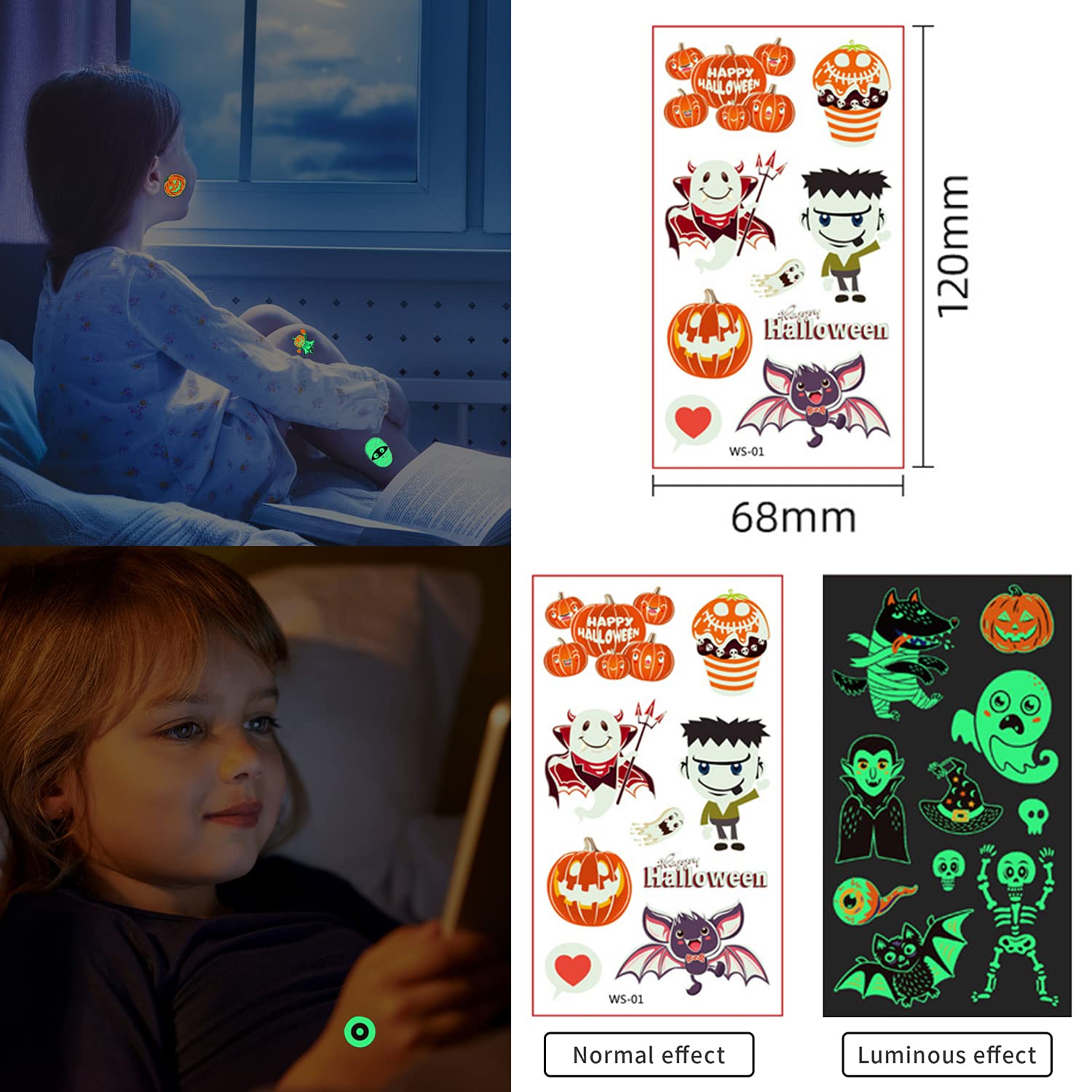 HASTHIP Temporary Tattoo Stickers for Halloween Party with Night Glow Effect | 10 Sheets