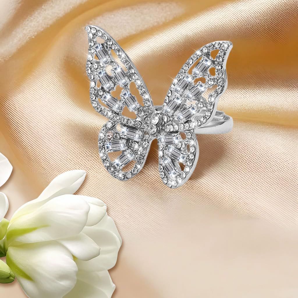 Zibuyu Butterfly Diamond Ring for Women with Crystal Bow and Adjustable Cubic Zirconia Band