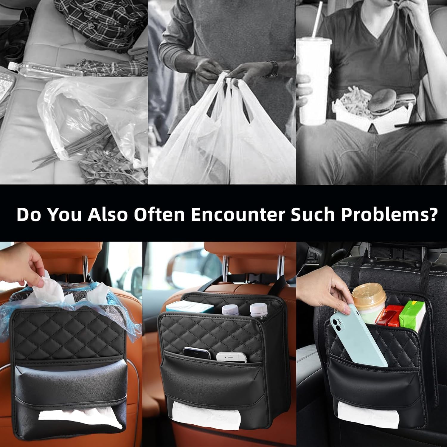 STHIRA PU Leather Car Seat Back Organizer with Tissue Holder for Travel and Storage | Waterproof Multi Pocket Design