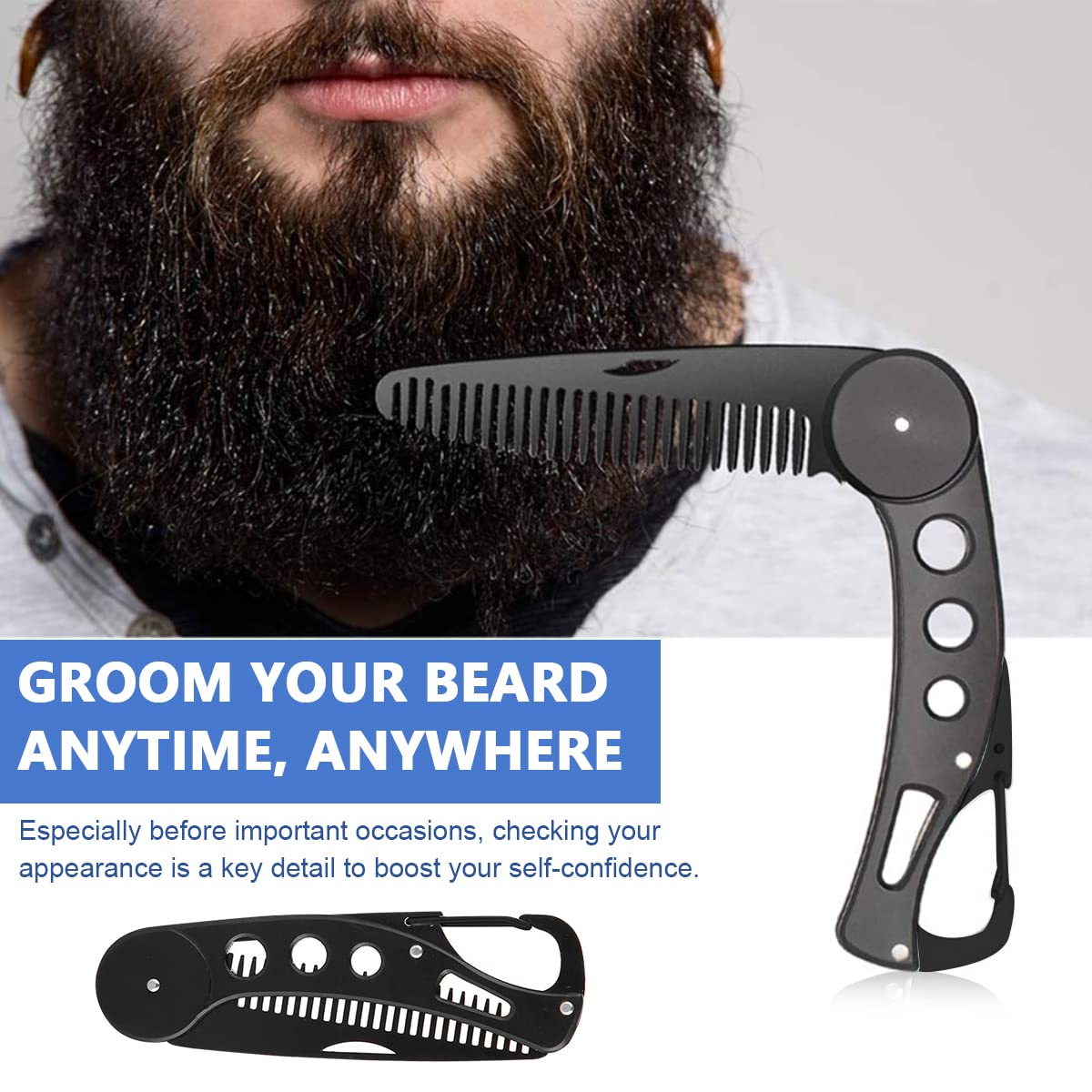 MAYCREATE Beard Comb for Men with Folding Bottle Opener and Leather Sleeve | Stainless Steel Grooming Tool