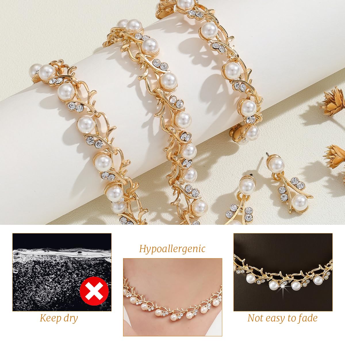 SANNIDHI Jewelry Set for Women with Faux Pearl and Rhinestone Design | Necklace Bracelet Earrings Combo for Wedding or Party