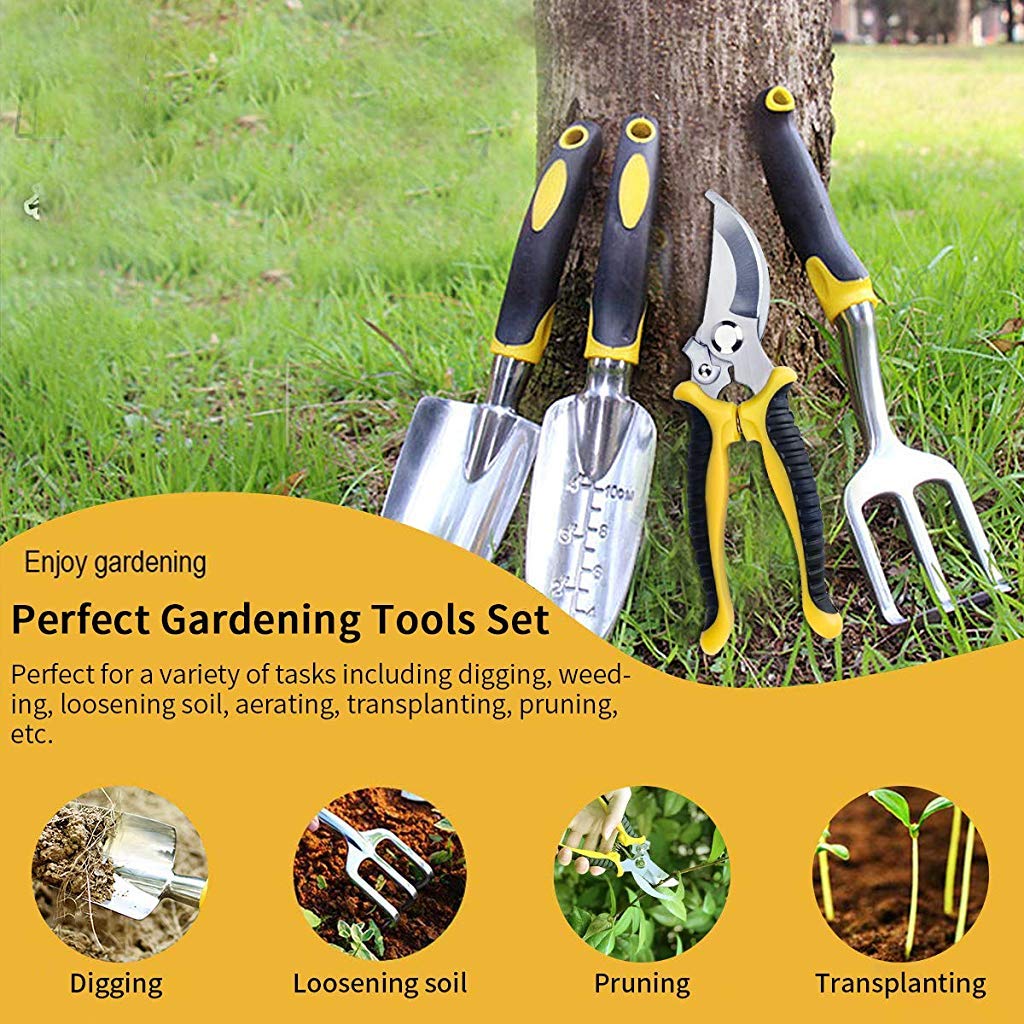 Supvox 5Pcs Gardening Tools for Garden Home Patio, Heavy Duty Aluminum Tools Set with Gardening Transplanting Spade, Cultivator, Pruner, Trowel and Gardening Gloves, Durable Gardening Accessories