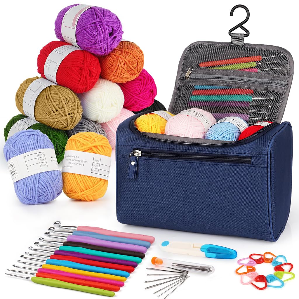 HASTHIP® 9Pcs Crochet Hooks Stitching Needles Set with Storage Bag, 6 Large Eye Stitching Needles, 20Pcs Color Stitch Marks Anti-slip Rubberized Handle Crochet Hooks Beginners Crochet Kit