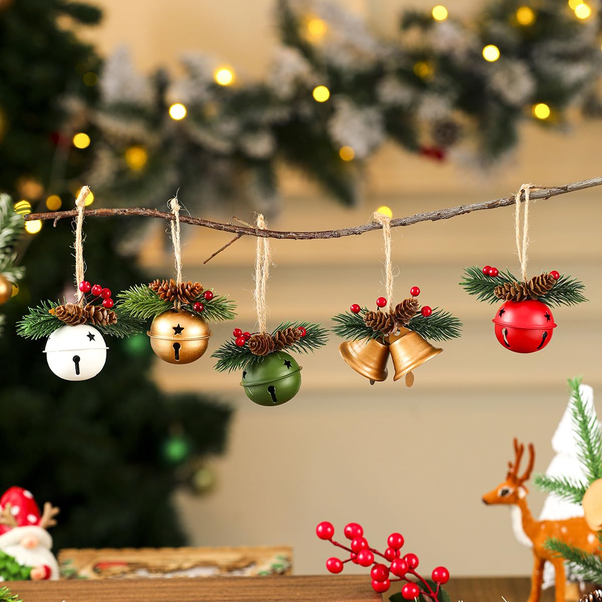 HASTHIP Christmas Jingle Bells for Tree and Home Decor featuring Hemp Rope Hanging | 5PCS 3.9 in Metal Ornaments