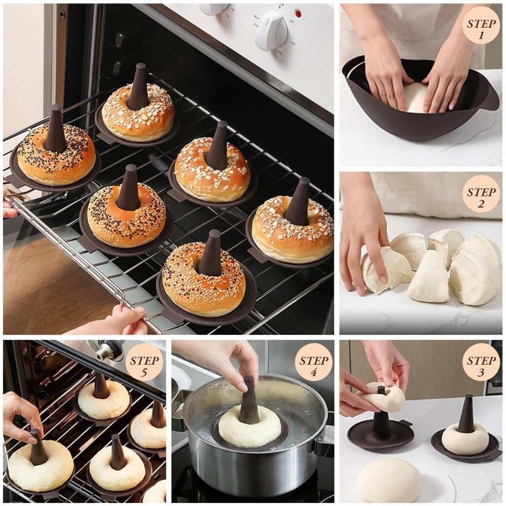 HASTHIP® 6PCS Silicone Donut Molds, Brown Baking Mold Set, Pastry Molds for Baking Bagel, Doughnut, Cakes, Mousse Pudding