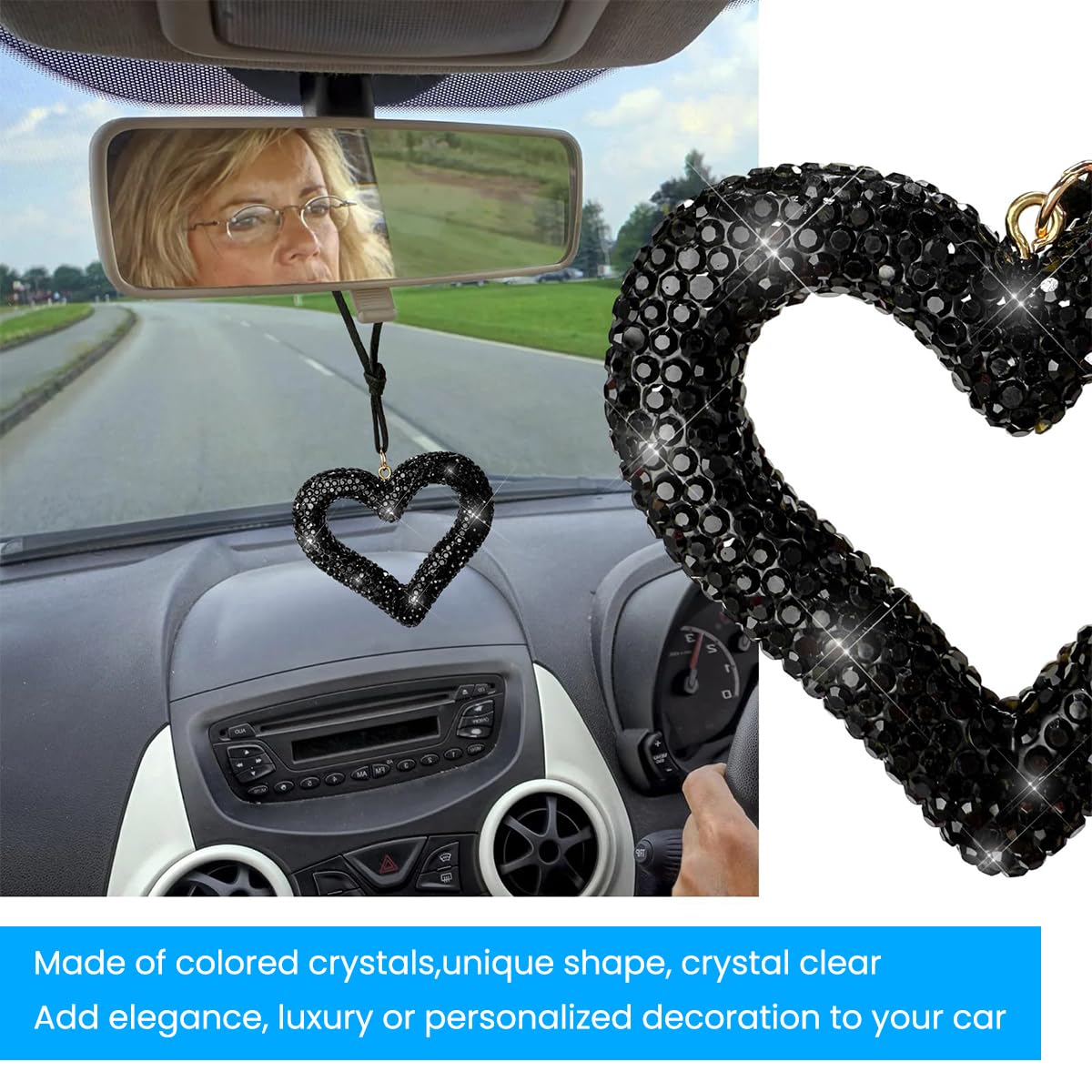 ZIBUYU Car Hanging Accessories for Rear View Mirror with Crystal Rhinestone Heart | Cute Ornament Gift for Women and Girls