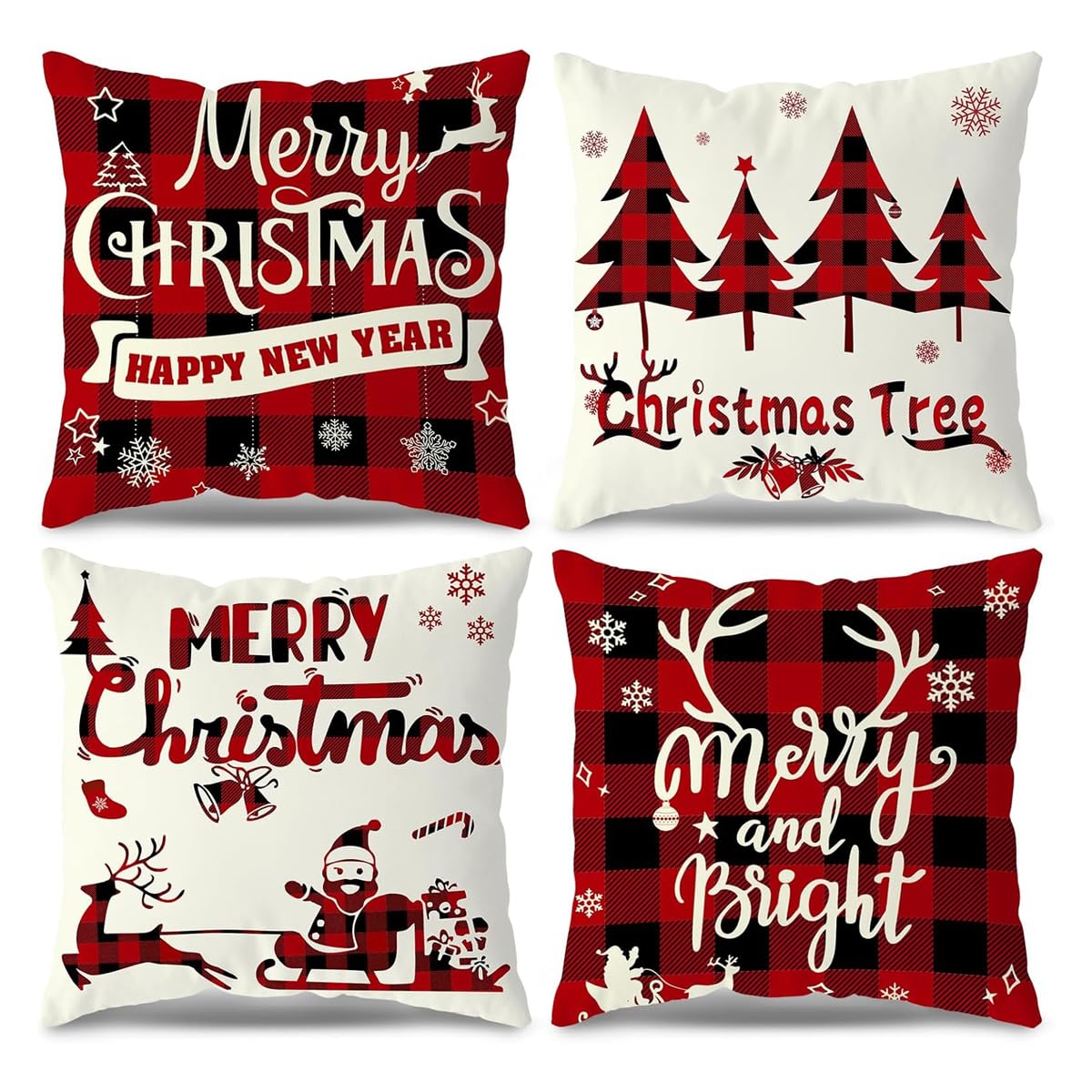 HASTHIP Christmas Cushion Covers for Sofa with Invisible Zipper 4Pcs 16x16in Cotton Linen | Red Black Plaid Holiday Pillowcases