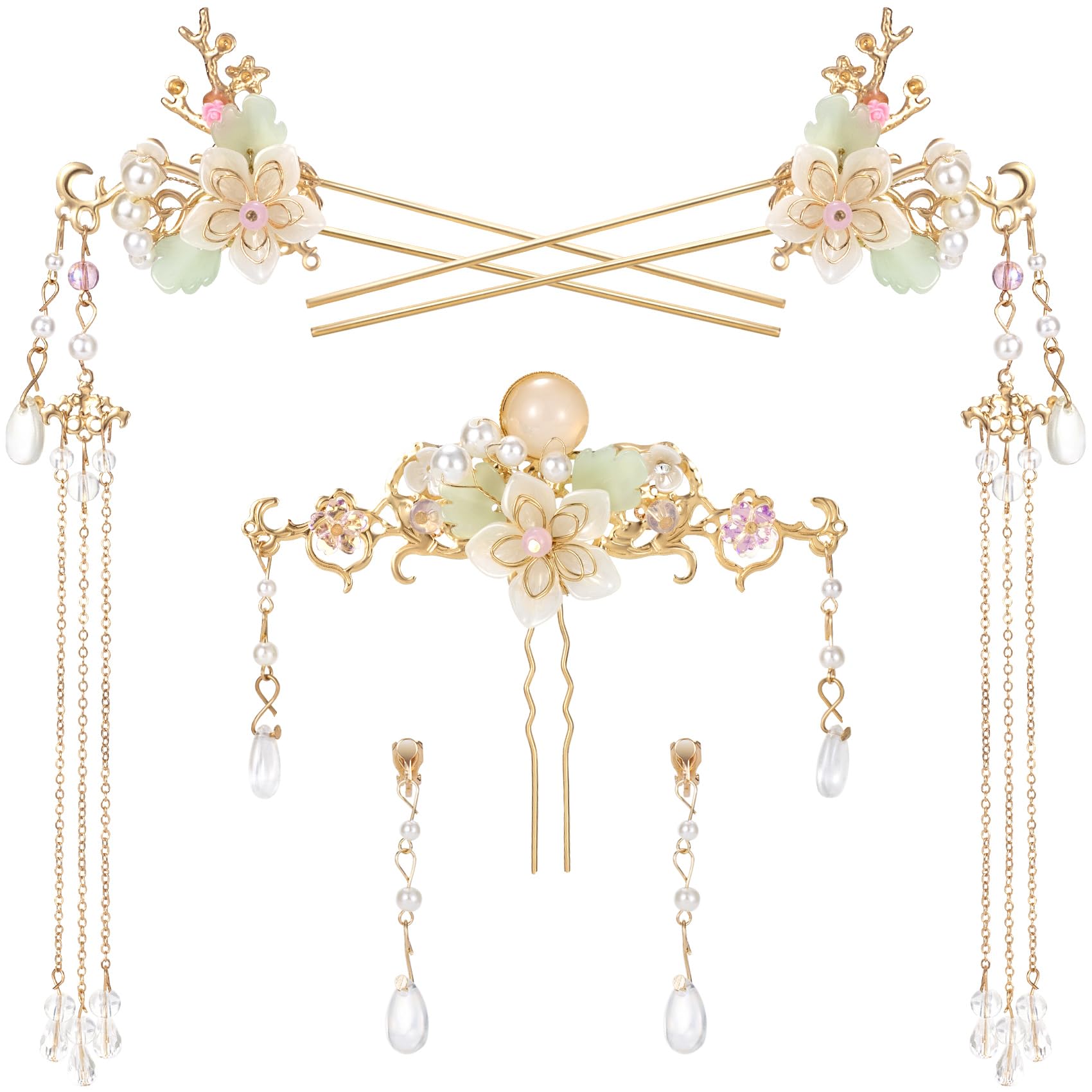 SANNIDHI® 5PCS Orchid Flower Tassels Hairpin, Crystal Rhinestone Pearl Hair Clips Retro Floral Brides Hair Accessories Jewelry for Women Girls Updo Long Hairs