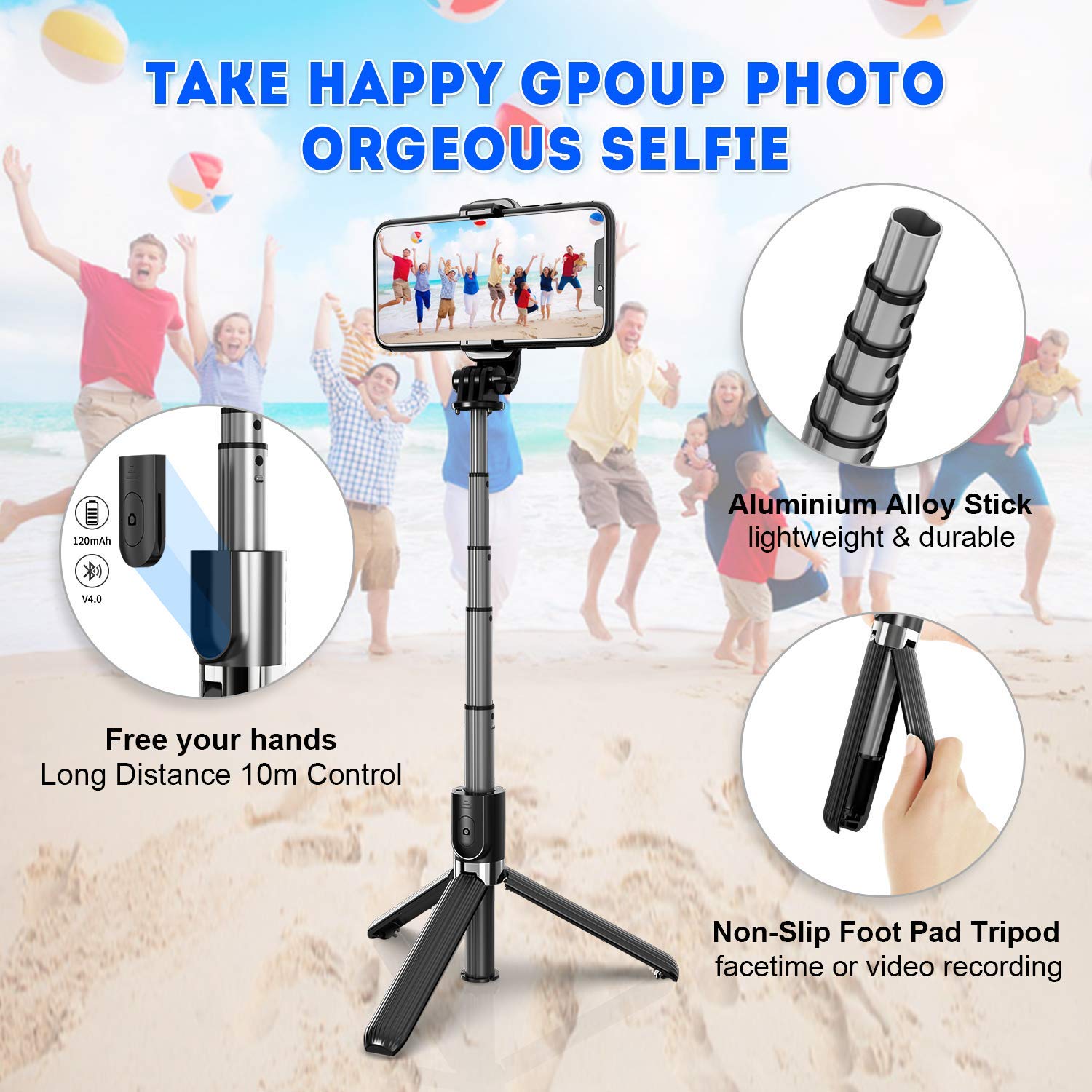 Zeitel Bluetooth Selfie Stick for Travel and Group Photos with 34 in Extension | Detachable Remote and Aluminum Tripod