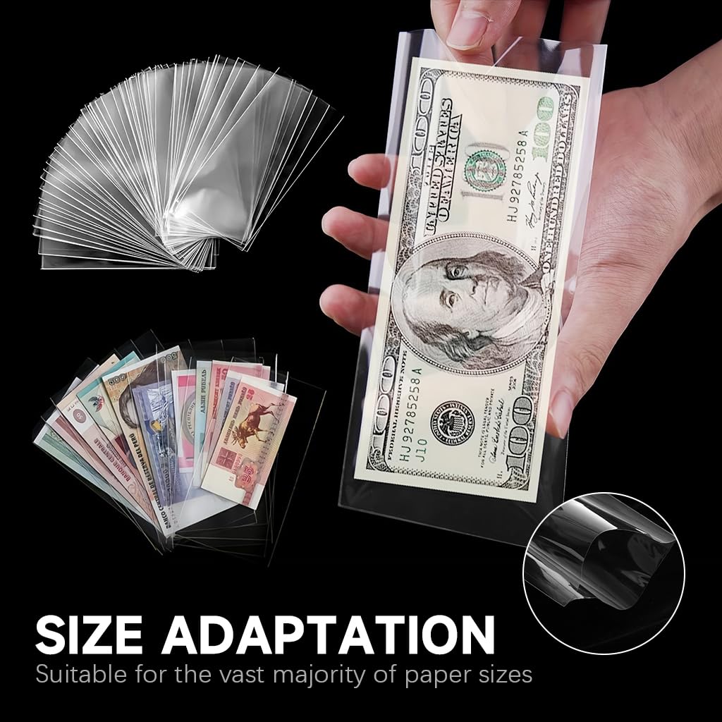 ZIBUYU Cash Envelopes for Banknote Collecting with Clear Money Box 100 Pcs | Transparent OPP Sleeves 17×8.5cm
