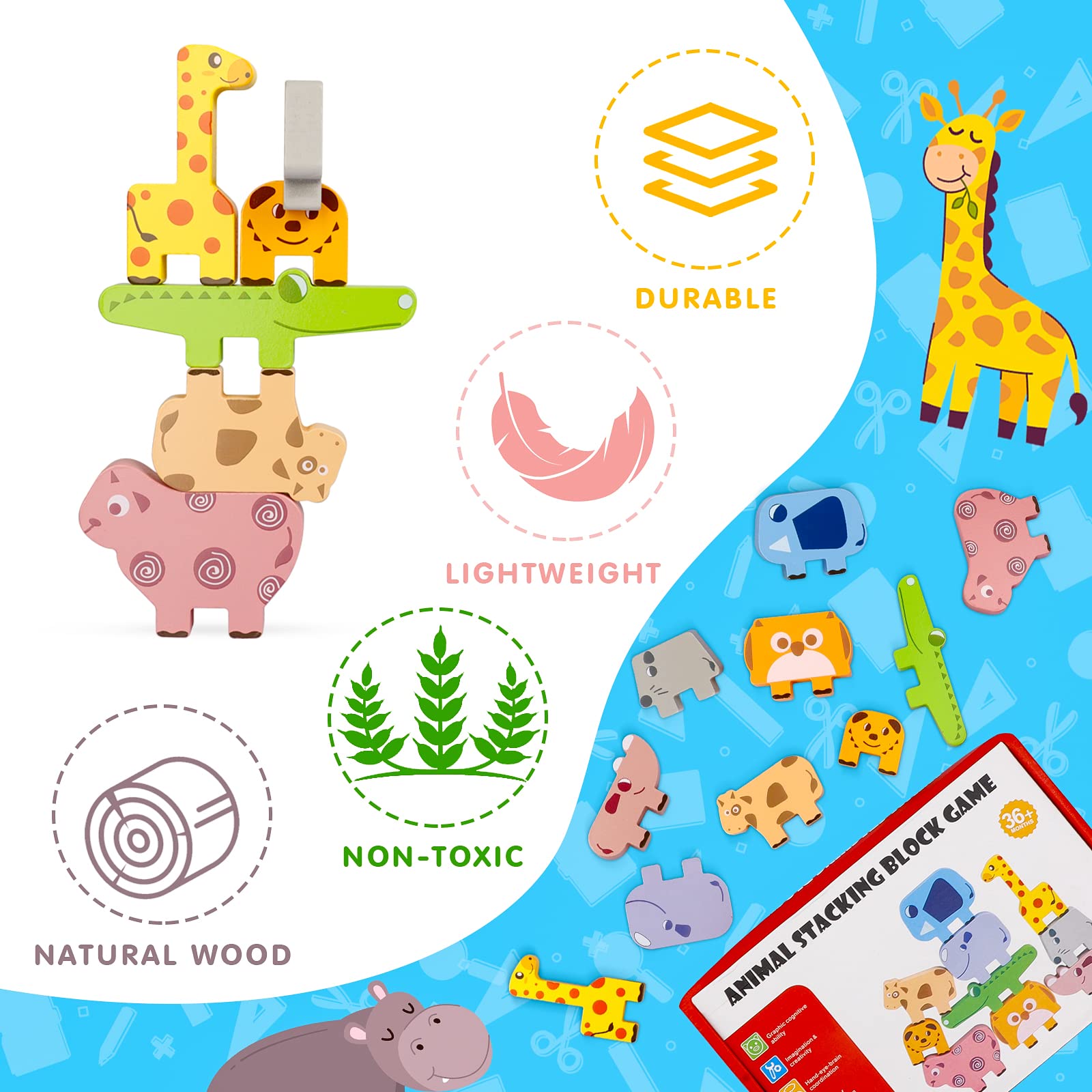 ZIBUYU Cartoon Animal Wooden Blocks Set for Kids featuring 10pcs Safe Natural Wood | Gift Toy for Toddlers 2–4 Years