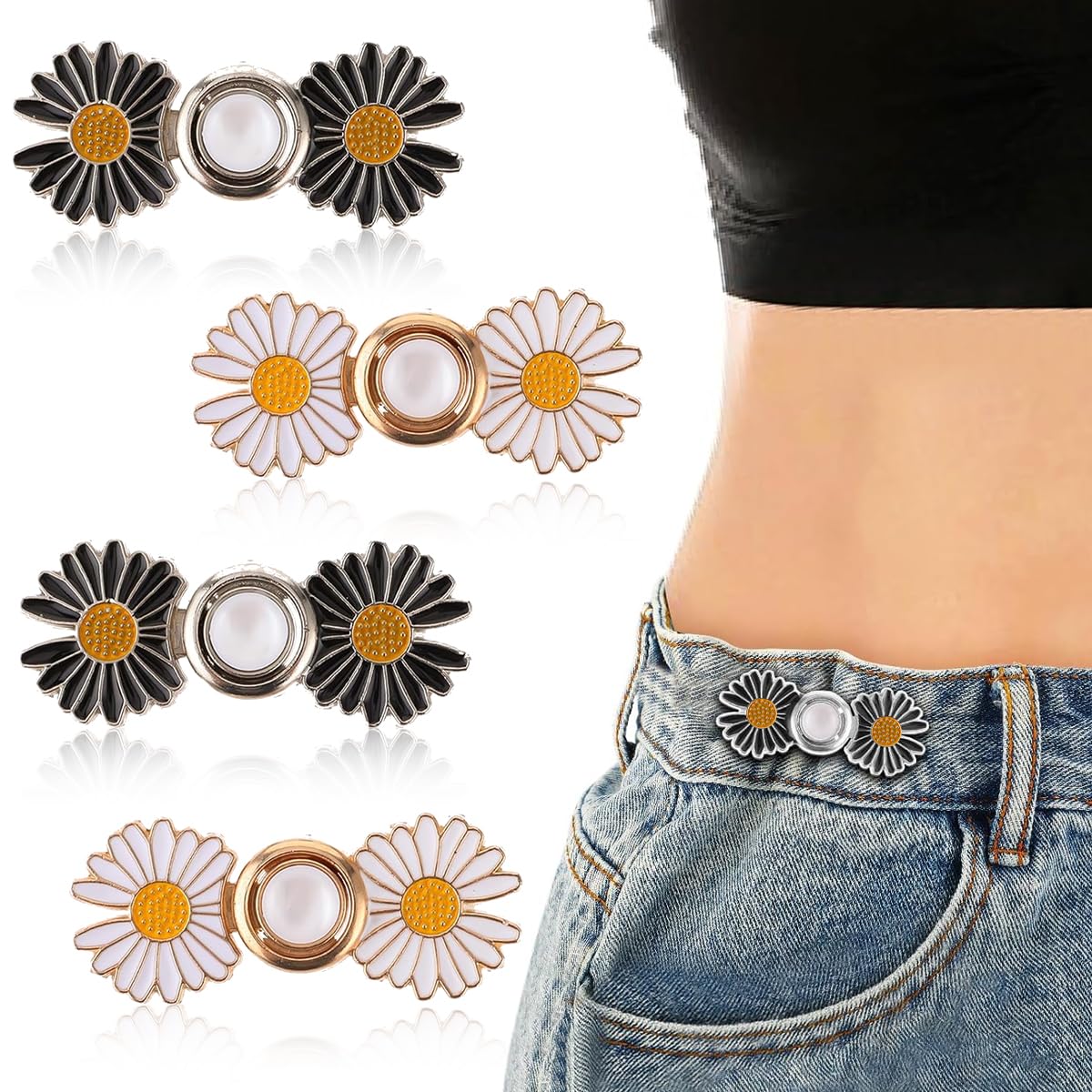 SANNIDHI 4Pcs Daisy Jeans Tightening Clips, Flower Detachable Jeans Adjustable Button Pins, Adjustable Waist Buckle for Women, Instant Pants Waist Tighteners for Loose Waist for Pants Skirts