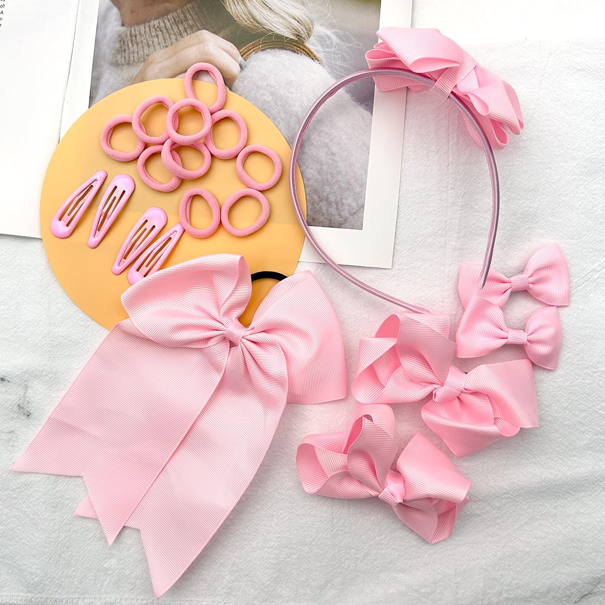 PALAY Bow Hairband 20pcs Set for Kids featuring Bowknot Clips and Pink Hair Ties | Girls Accessories
