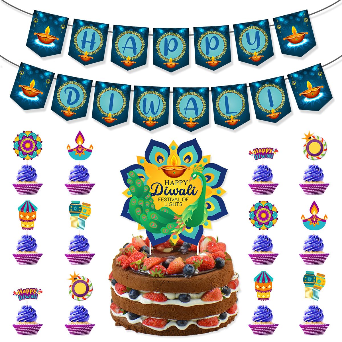 HASTHIP® Happy Diwali Banner and Diwali Decorations Hanging, Wall Decoration Bunting Banner, Cake & Cupcake Toppers, Hanging Diwali Decor for Deepavali Diwali Festival Themed Light Party Decor Favor