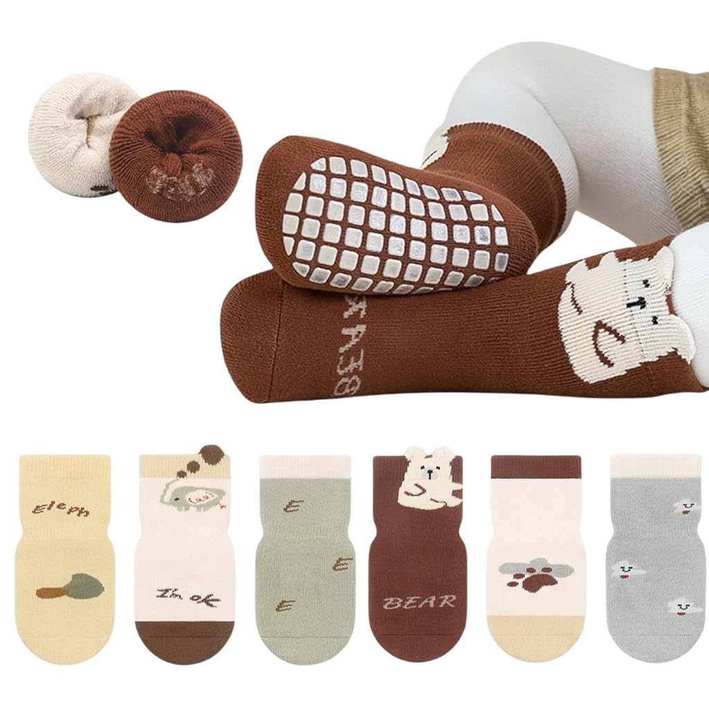 SNOWIE SOFT® Baby Toddler Non-Skid Grip Socks Warm Thickened Anti Skid Slipper Crew Socks for Girl Boy Newborn 5 Pairs-Multicolor-M