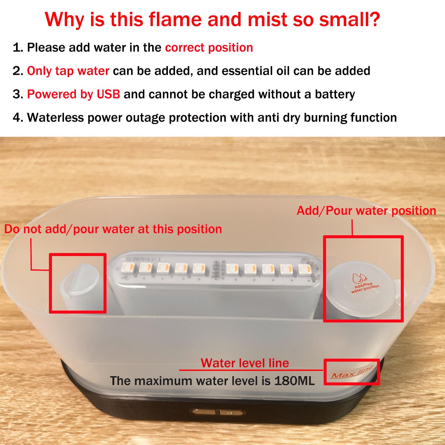 HASTHIP Air Humidifier for Bedroom with 180ml Tank and Ultrasonic Cool Mist | 7 Color Flame Light