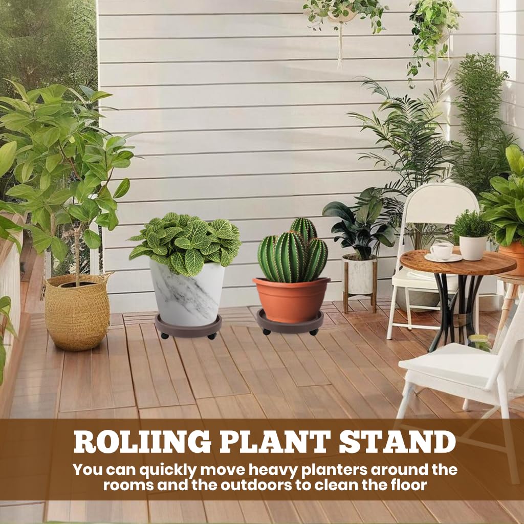 HASTHIP Plant Pot Stand for Indoor and Outdoor Use with 4 Wheels and 8.6 in Tray | Resin Brown
