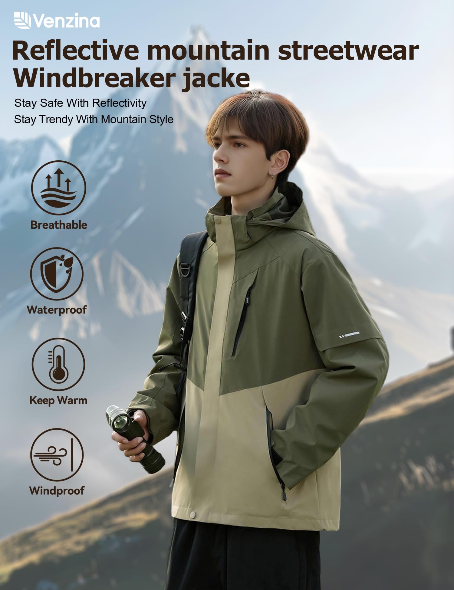 Venzina Men's Lightweight Jacket for Hiking and Cycling with Reflective Sleeves | Breathable Windproof Water‑Repellent Coat in Army Green
