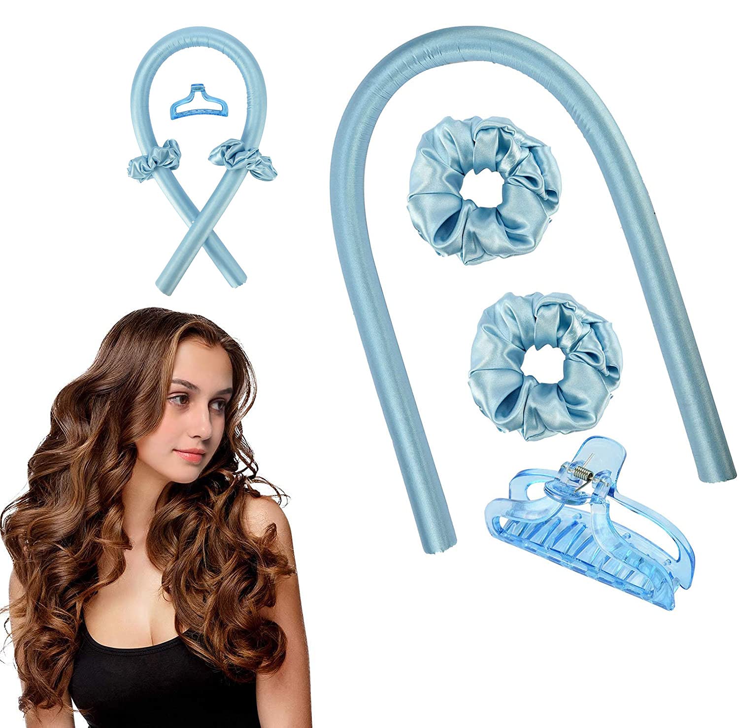 MAYCREATE Heatless Curling Rod Headband,No Heat Curls Silk Ribbon Hair Rollers Sleeping Soft Headband Wave Formers Hair Curlers DIY Hair Styling Tools for Long Medium Hair (Blue)