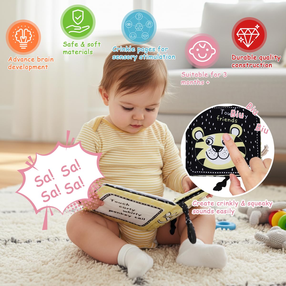 SNOWIE SOFT Cartoon Baby Cloth Book with 5 Pages and Built in Squeaky Toy | Interactive Learning Fabric Storybook