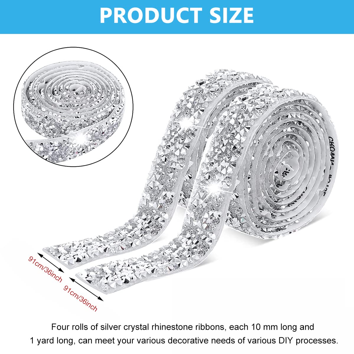 MAYCREATE Self Adhesive Rhinestone Strips for DIY Crafts with 4 Rolls 10mm x 1 Yard Silver | Wall Decoration