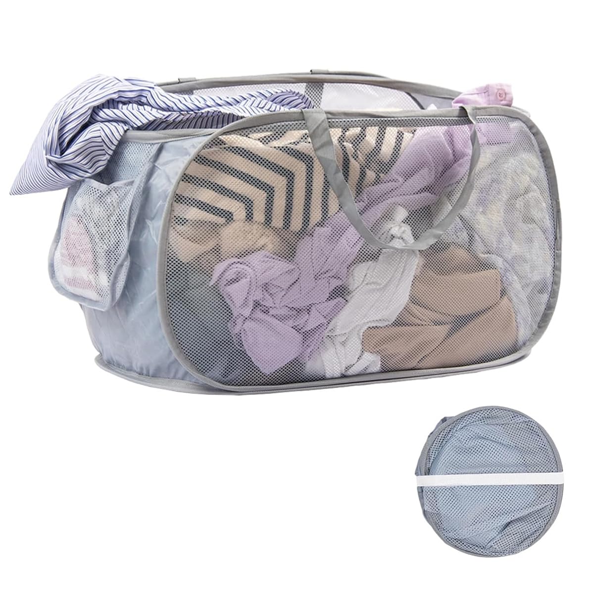 HASTHIP Laundry Basket for Dorms and Travel with Folding Elastic Frame Mesh Fabric | Grey