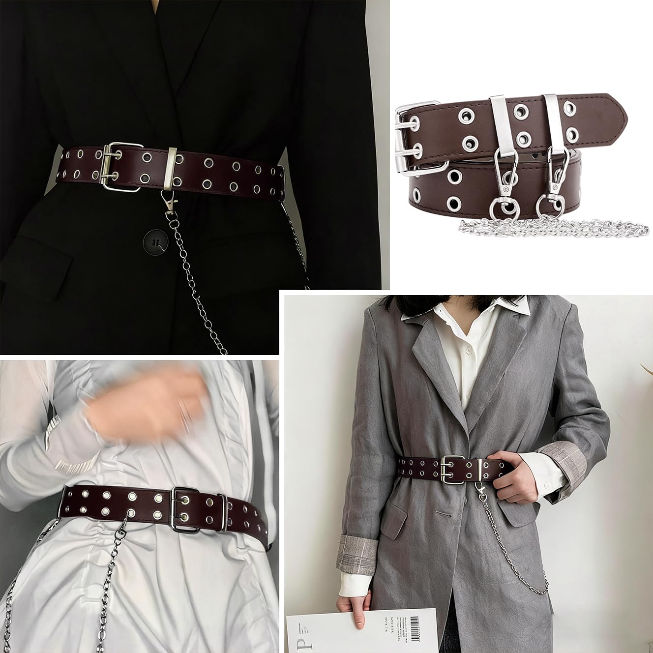 SANNIDHI Belt for Women Dresses with Dual Row Metal Eyelets and Chain Brown PU Leather | Fits Up to 110 cm