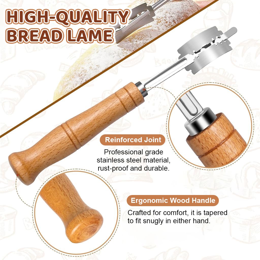 Supvox® Bread Lame Stainless Steel Bread Lamp Sleek Wooden Handle Bread Razor Professional Baking Kitchen Bread Lame for Sourdough, Ciabatta, Country Bread