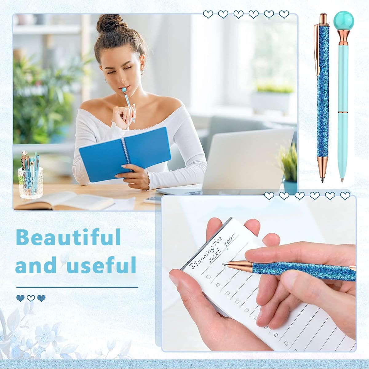 Climberty Ballpoint Pens Set for Journaling with 9 Designs and Crystal Glitter | Blue Metal Gifts for Women