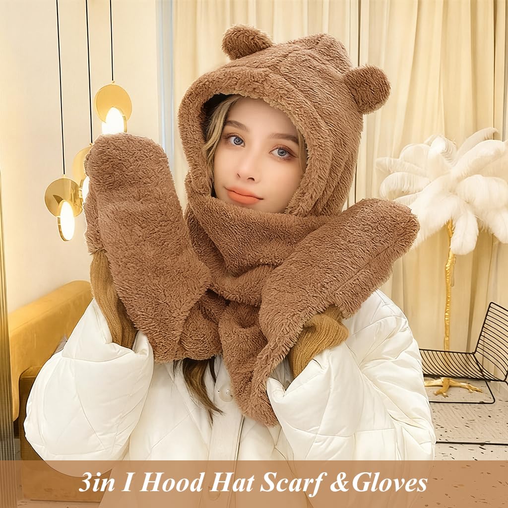 SANNIDHI Winter Cap for Women featuring Bear Ear Scoodie with Fleece Scarf and Gloves | Cozy Gift