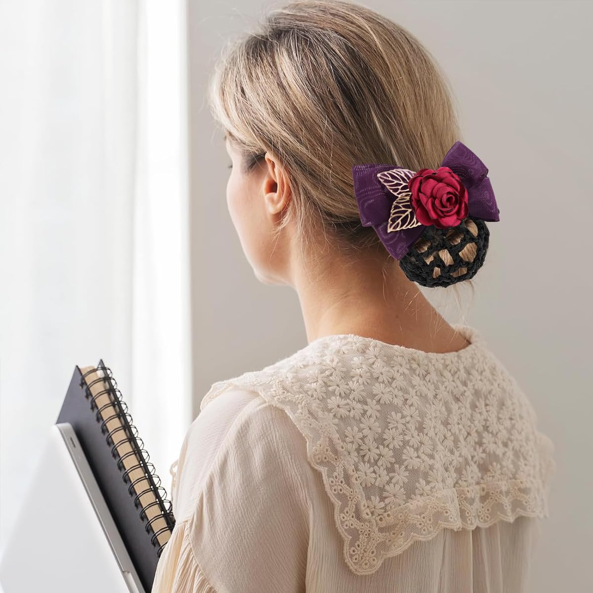 MAYCREATE Hair Bun Net for Women with Rose Bowknot Clip featuring Floral Barrette | Elegant Snood Headpiece Accessory