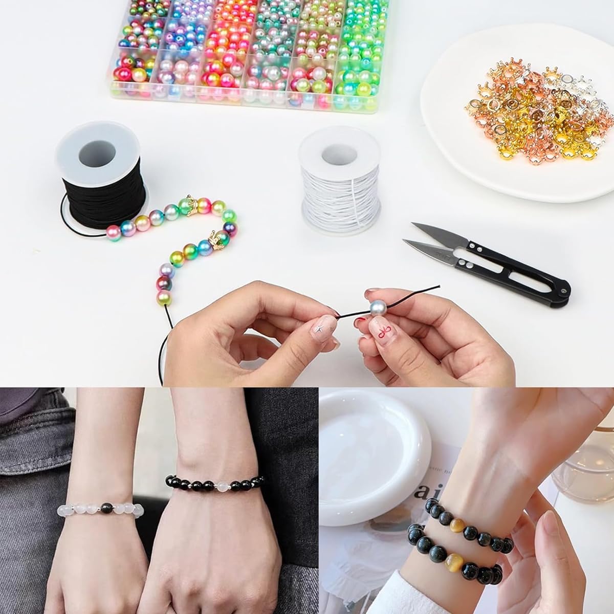 HASTHIP Elastic Thread for Bracelet Making with 2 Rolls 131ft 1mm Cord in Black and White