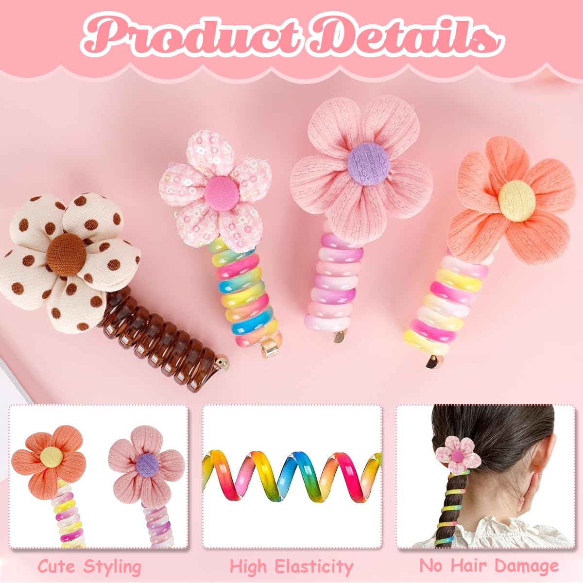 MAYCREATE Spiral Hair Ties for Girls featuring 6.7cm Spring Wire | Set of 4 Cute Ponytail Holders