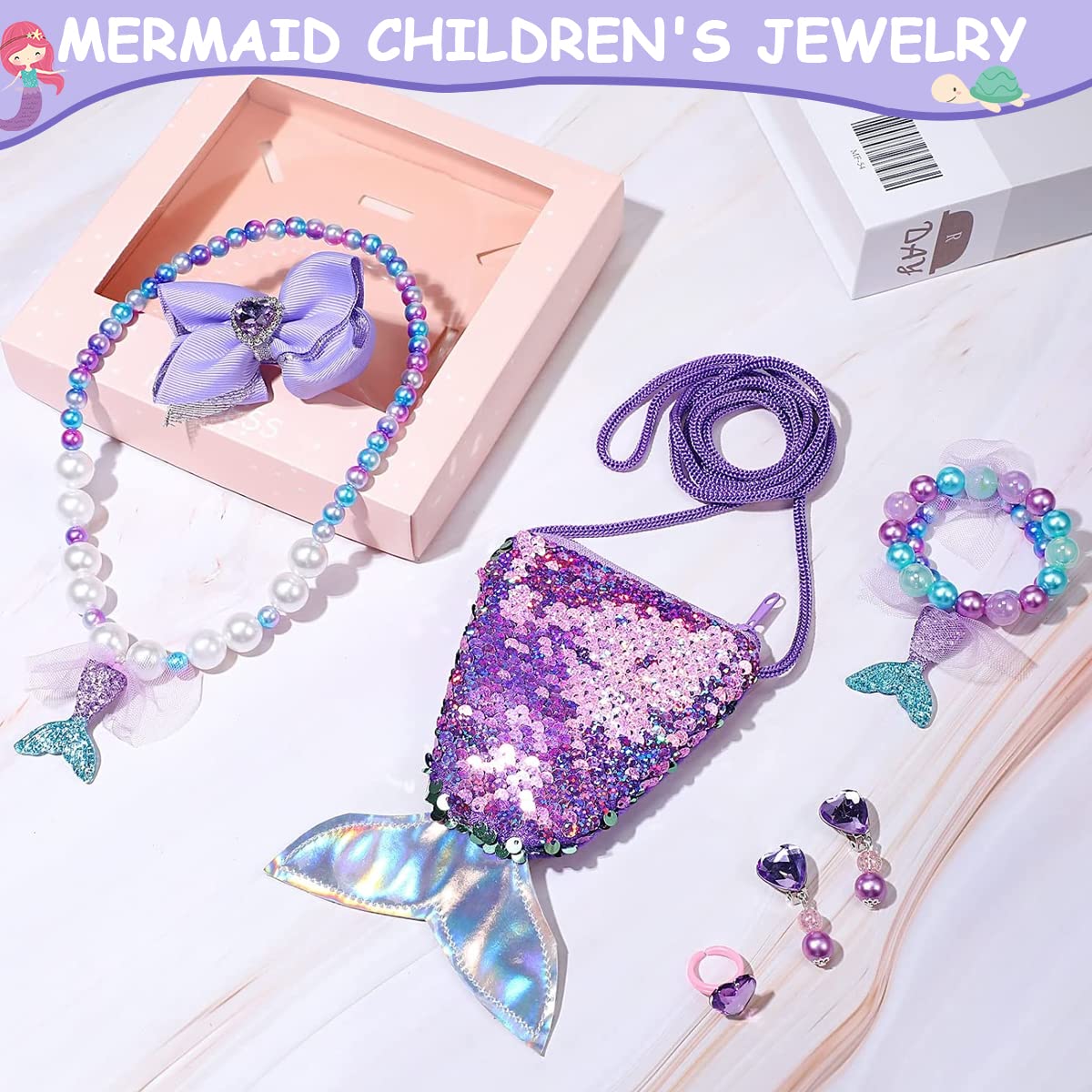 Venzina Mermaid Kids Jewelry Set for Girls with Necklace Bracelet Sling Bag & Hair Bow | Cute Dress Up Gift for Birthday or Party