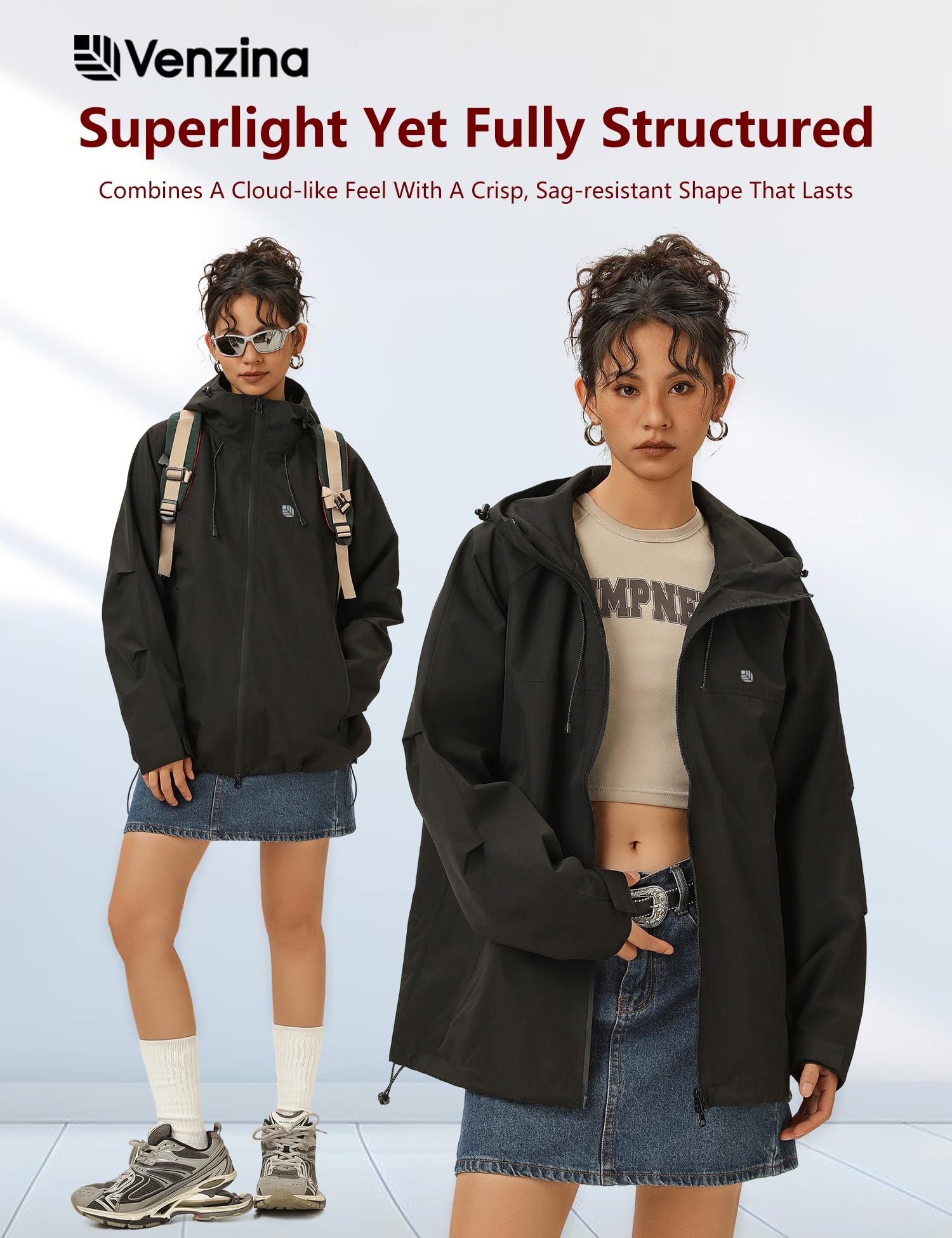 Venzina Women's Waterproof Jacket for Travel and Commuting with 75D Fabric | Windproof Structured Coat Black