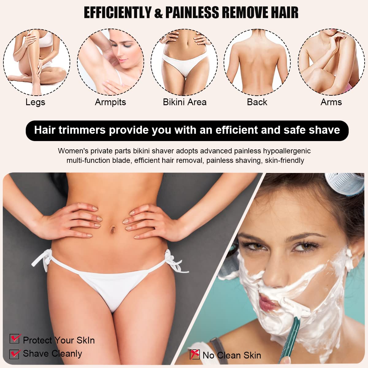 HANNEA  Trimmer for Women Shaving Machine IP7 with LCD Display Facial Razors Bikini Trimmer for Women with LED Light Cordless Hair Removal Electric Razor USB Charge Wet & Dry Use Safe Shaver for Legs Underarm