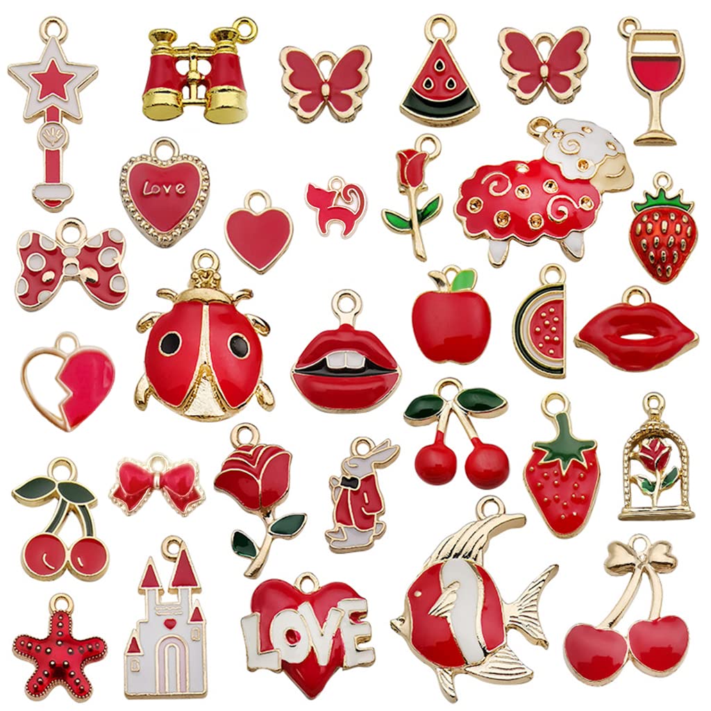 ZIBUYU Pendant Charms for Jewellery Making Kit Assorted Cartoon Red Enamel Pendants Gold Plated DIY Charms Necklace Bracelets Pendent for Making Jewelry and DIY Crafting Kids - 31 Pcs