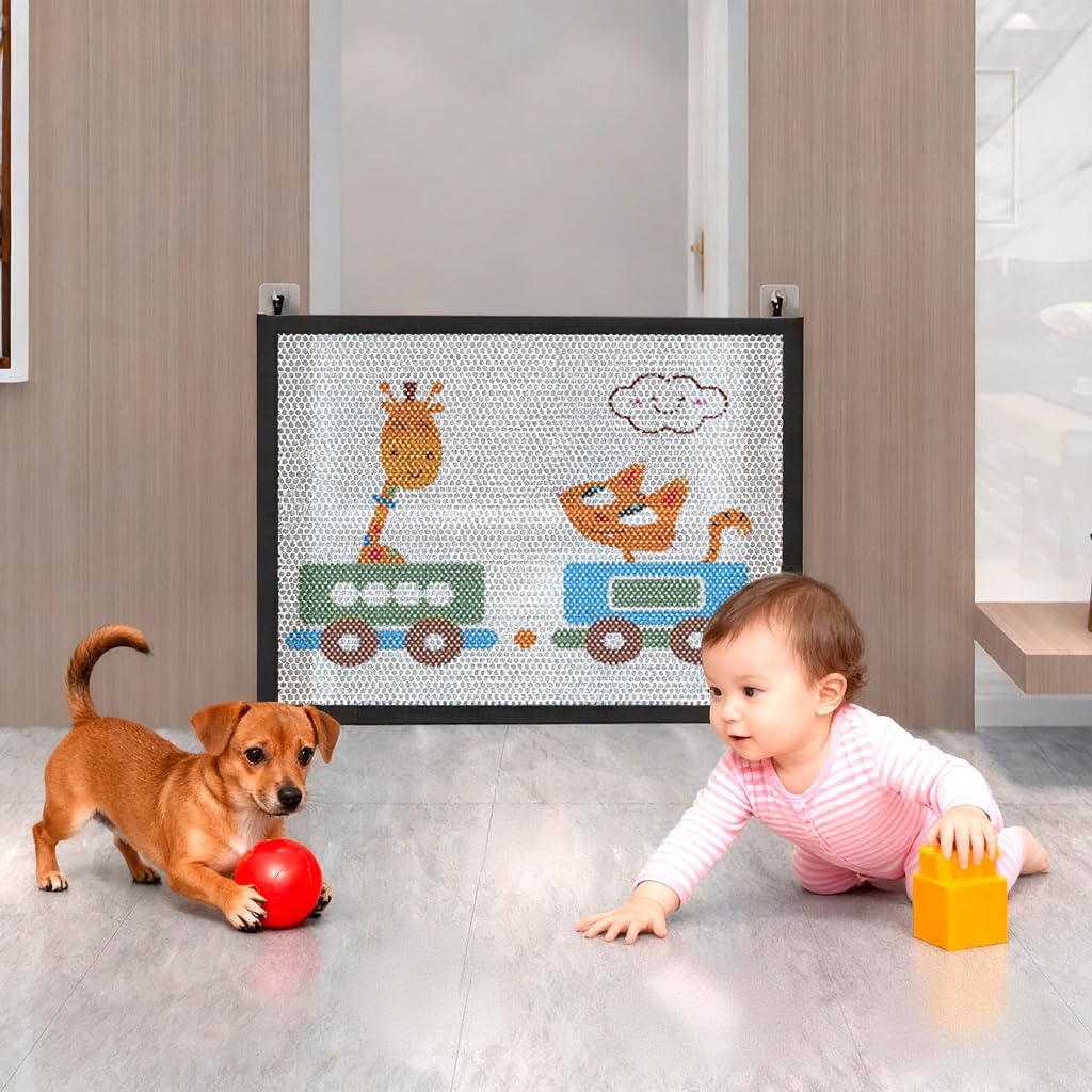 SNOWIE SOFT Retractable Kids Safety Mesh Door Barrier for Room and Stairway 89x85cm with Hook and Loop Closure