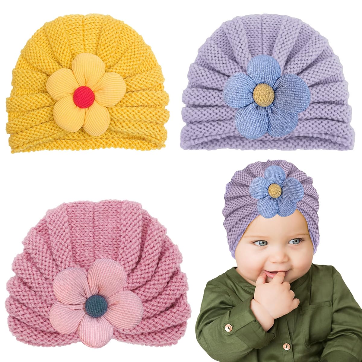 SNOWIE SOFT® 3Pcs Baby Hats for Girls Winter Cap for Kids Winter Hat Set Woolen Cap for Baby, Knitted Flower Cap Warm Beanie Toddler Stretchy Hat for 0 to 2 Years Baby Shower Gifts, Christmas Gift