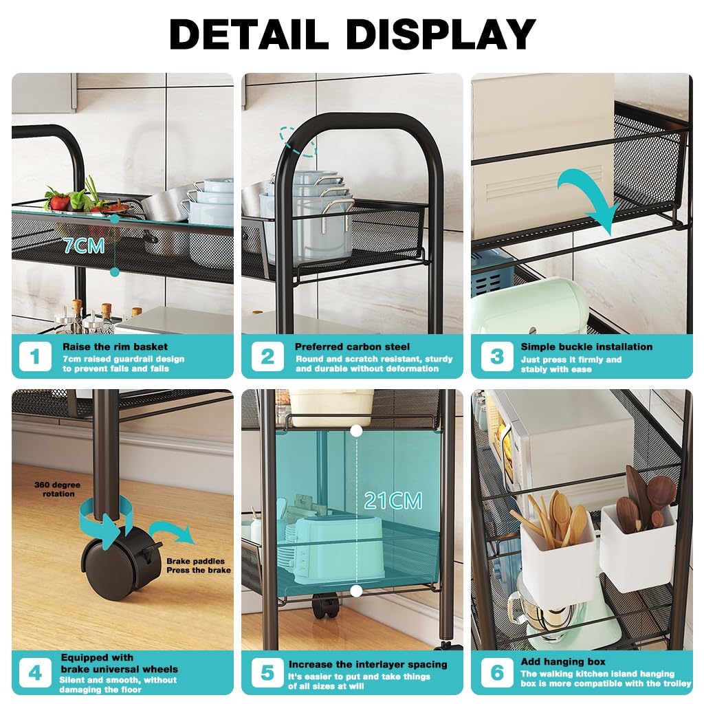 HASTHIP Multipurpose Kitchen Storage Rack for Home Organization with Adjustable Shelves 44x27x63cm featuring Smooth Caster Wheels
