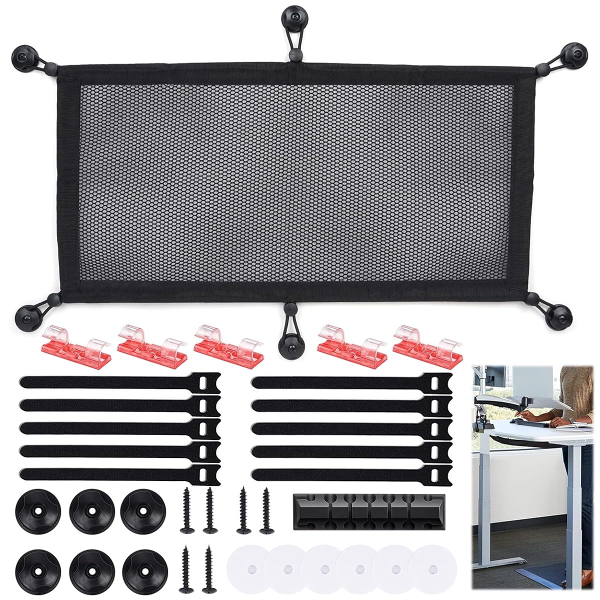 HASTHIP Under Desk Organizer Mesh Net for Cable Management featuring Six Drawstrings and 20x10 in Nylon Storage | Ideal for Home Office