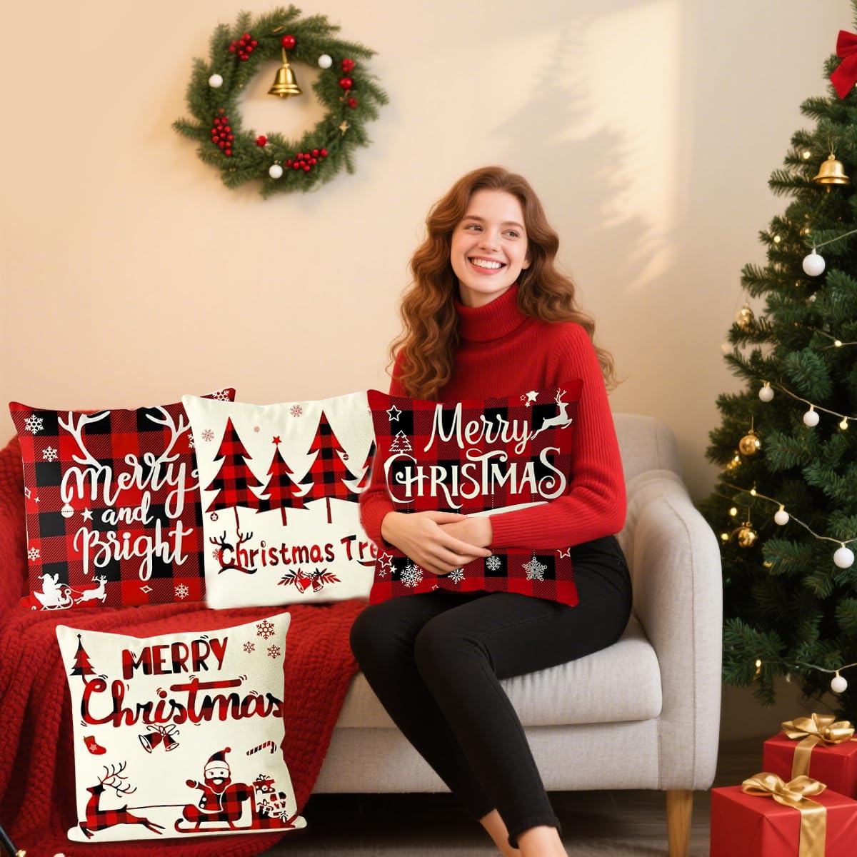 HASTHIP Christmas Cushion Covers for Sofa with Invisible Zipper 4Pcs 16x16in Cotton Linen | Red Black Plaid Holiday Pillowcases
