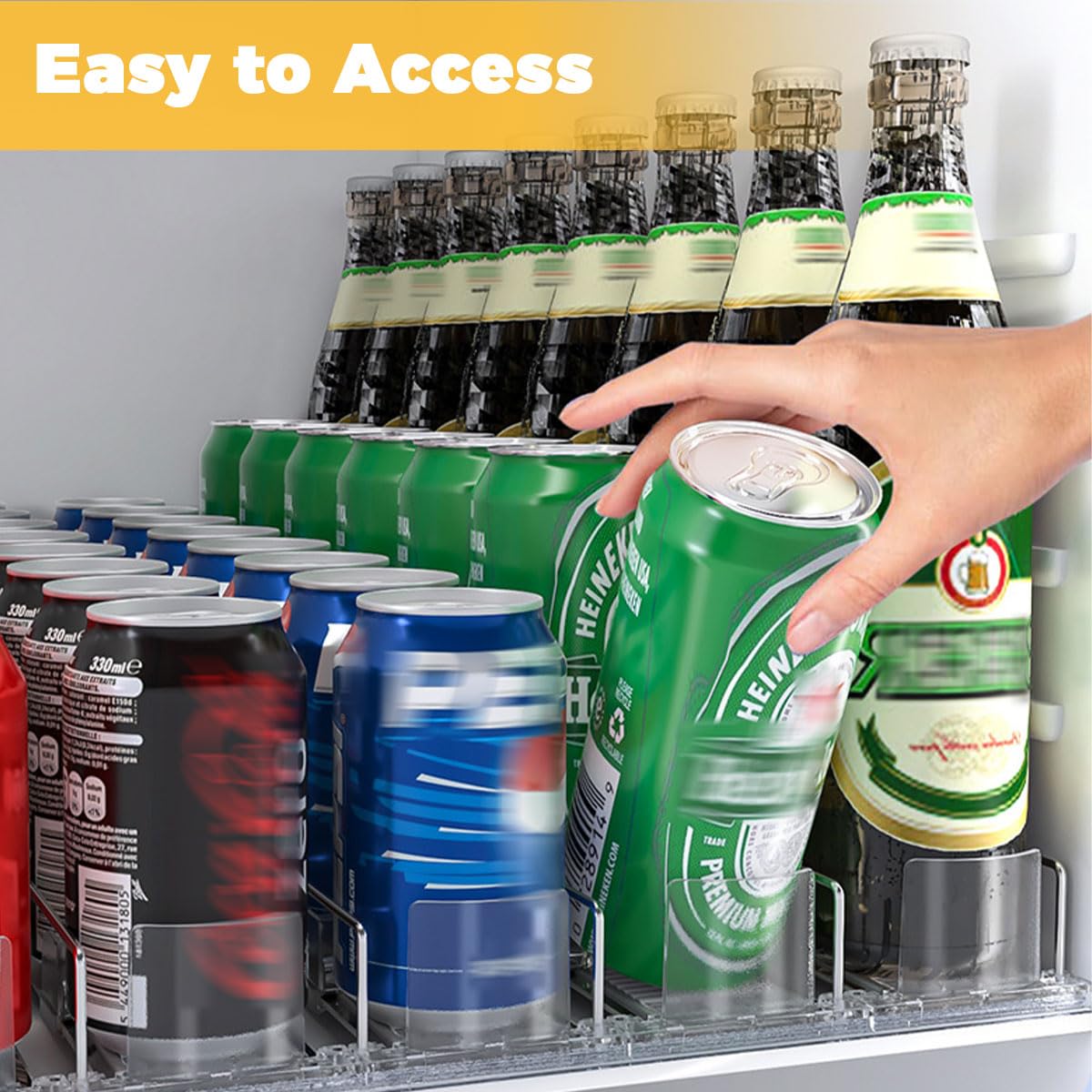 HASTHIP Refrigerator Drink Organizer Rack for Fridge Storage with 5 Row Sliding Rail and 20 Can Capacity | Aluminum Alloy and ABS Build