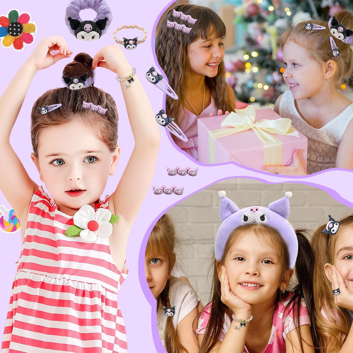 PATPAT Girls Kuromi Accessories Set Fashion Kuromi Wardrobe Accessories Gift Set of 10Pcs Kuromi Girls Headband Woven Rope Hair Tie Hair Clips Plush Hair Scrunchie Finger Rings