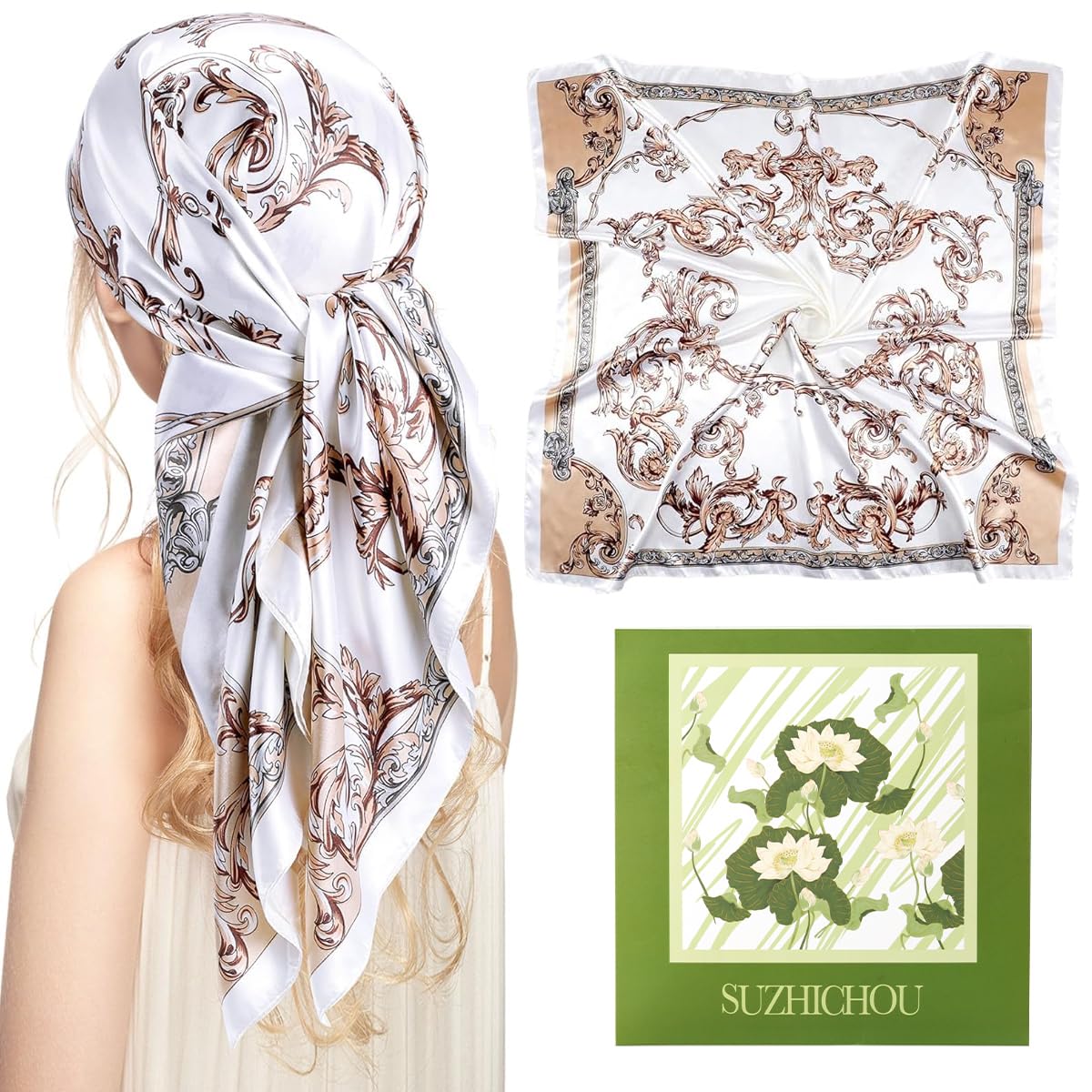 SANNIDHI Head Scarf for Women with 35 in Square Design featuring Retro Ginkgo Print | Silk Feel Multipurpose Accessory