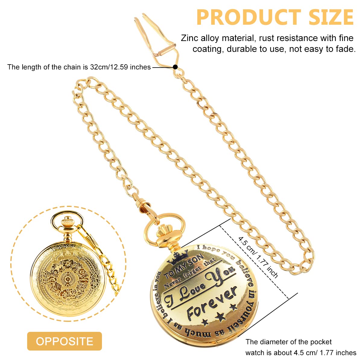 HASTHIP Pocket Watch with Chain for Men Gift for Son Creative Retro Style Alloy Pocket Watch Special Birthday Gift for Your Son 4.8cm Diameter, Golden