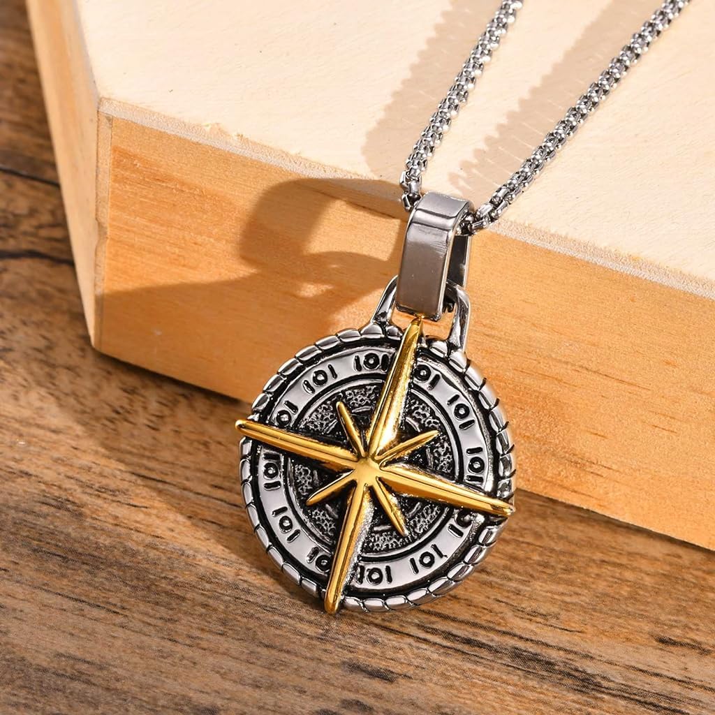 ZIBUYU Chain Pendant for Men Stylish Boys Necklaces Creative Alloy Polaris Compass Design Fancy Men Necklace Stainless Steel Chain Pendant Jewelry for Men Gift (24 inch Chain) - 1