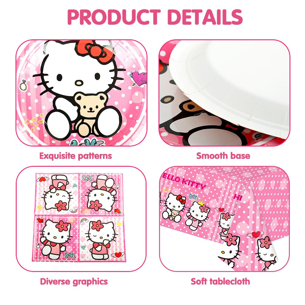 Supvox Party Supplies for Birthdays with 20pcs 7in Pink Kitty Plates and Table Cloth | Easy Cleanup